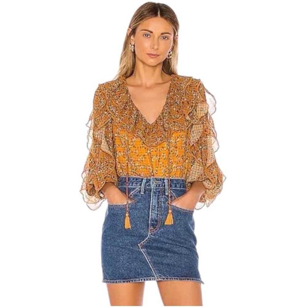 Tularosa Women’s Floral Ruffle Peasant Blouse L Mustard Boho Sheer Sleeves EUC